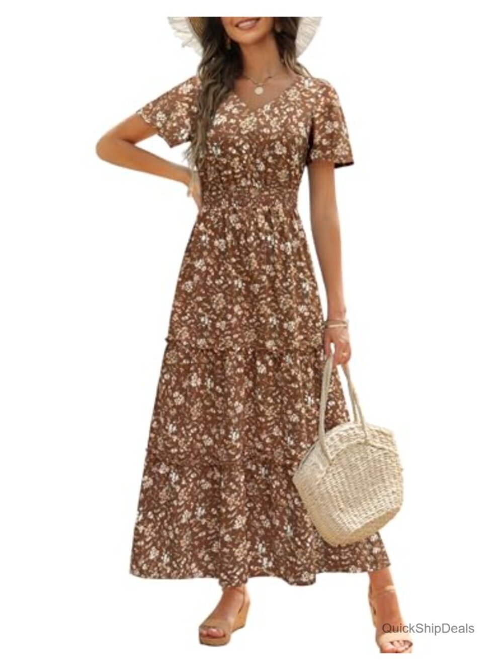 Womens Floral Maxi Dress V-Neck Smocked Waist Flutter Sleeve